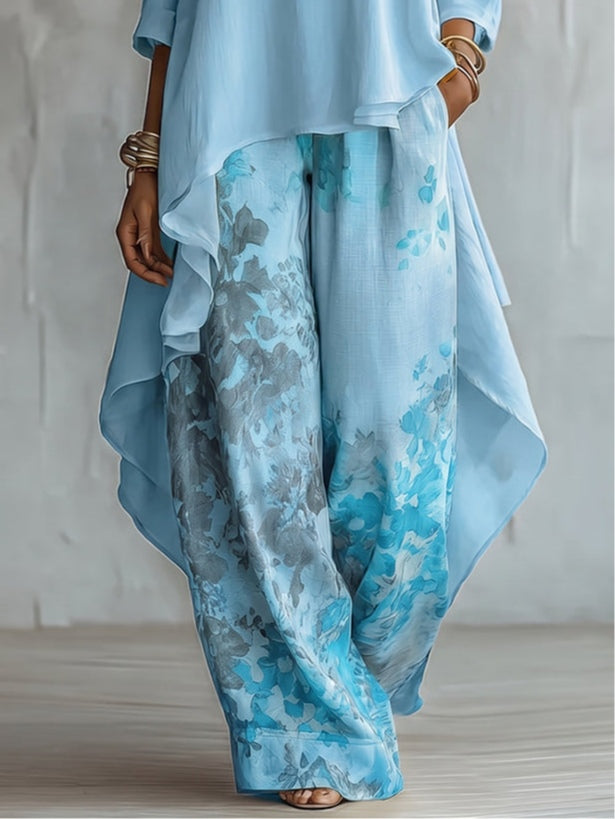 Rosenda | Conjunto de Top Asimétrico Azul y Pantalón de Flores