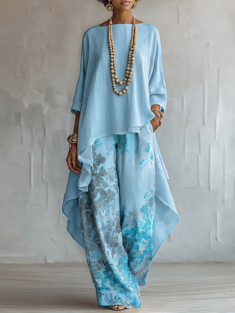 Rosenda | Conjunto de Top Asimétrico Azul y Pantalón de Flores
