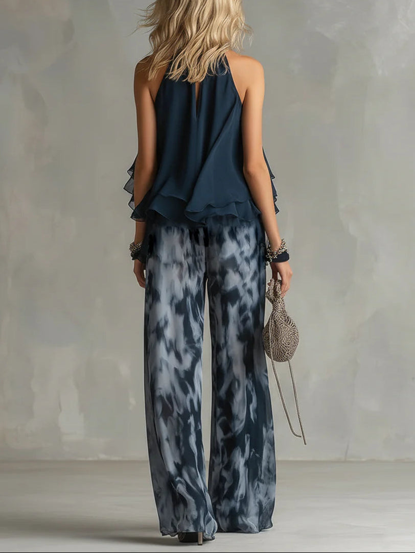 Ildefonsa | Conjunto de Gasa con Top de Espalda Descubierta Azul Marino y Pantalón Estampado