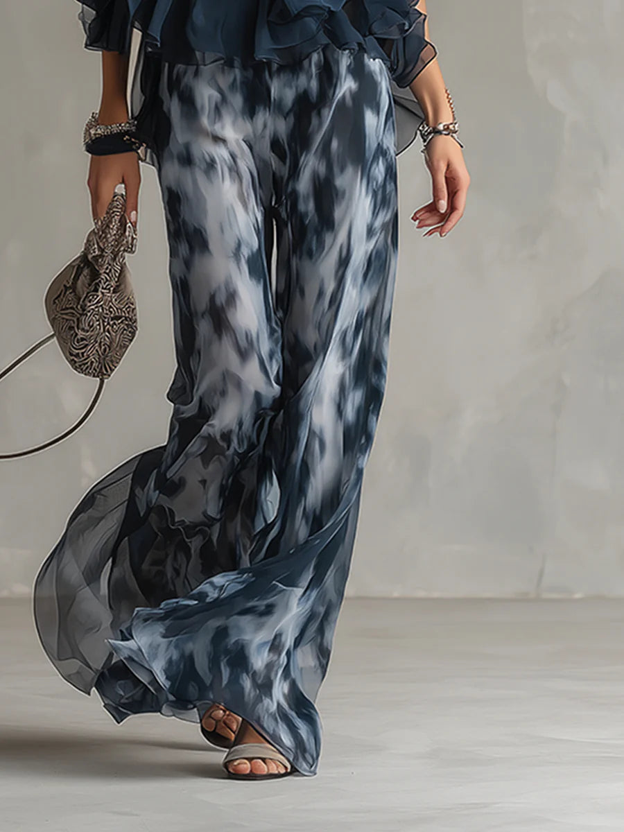 Ildefonsa | Conjunto de Gasa con Top de Espalda Descubierta Azul Marino y Pantalón Estampado