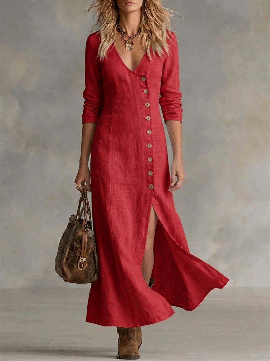 Edelmira | Vestido Largo Abotonado con Abertura