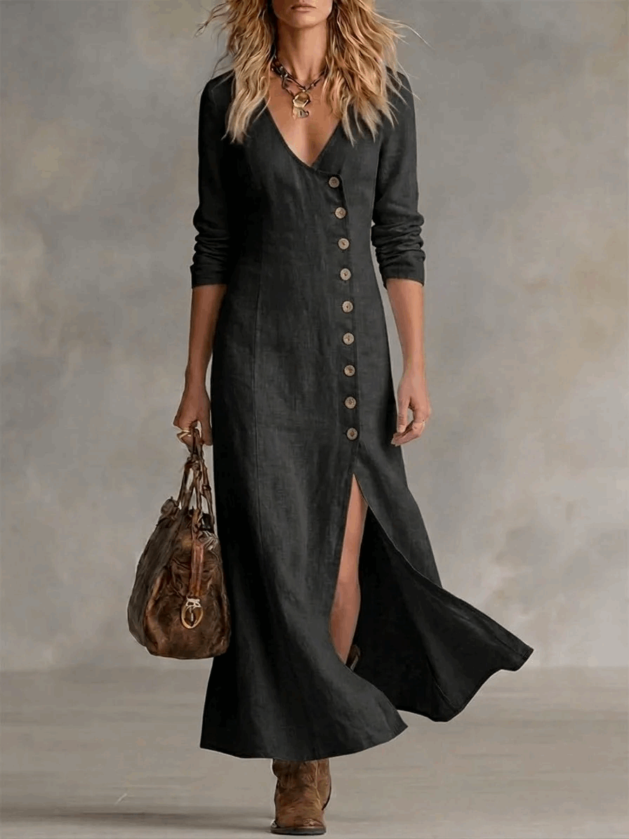 Edelmira | Vestido Largo Abotonado con Abertura
