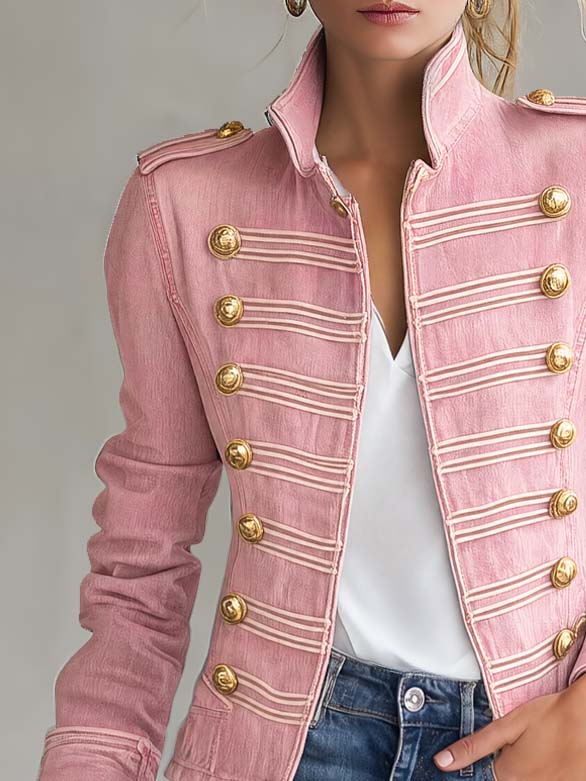 Sinesia | Chaqueta Militar Vaquera Rosa con Botones Dorados
