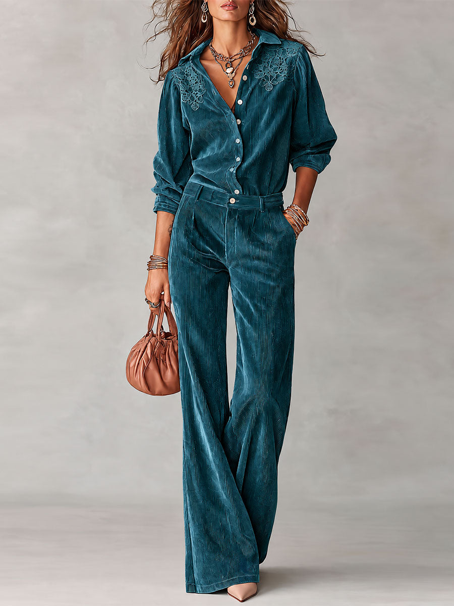 Marciana | Conjunto Bohemio de Camisa de Pana y Pantalón Ancho