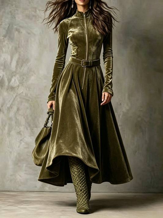 Evarista | Vestido Largo de Terciopelo Verde Oliva con Cremallera y Cinturón