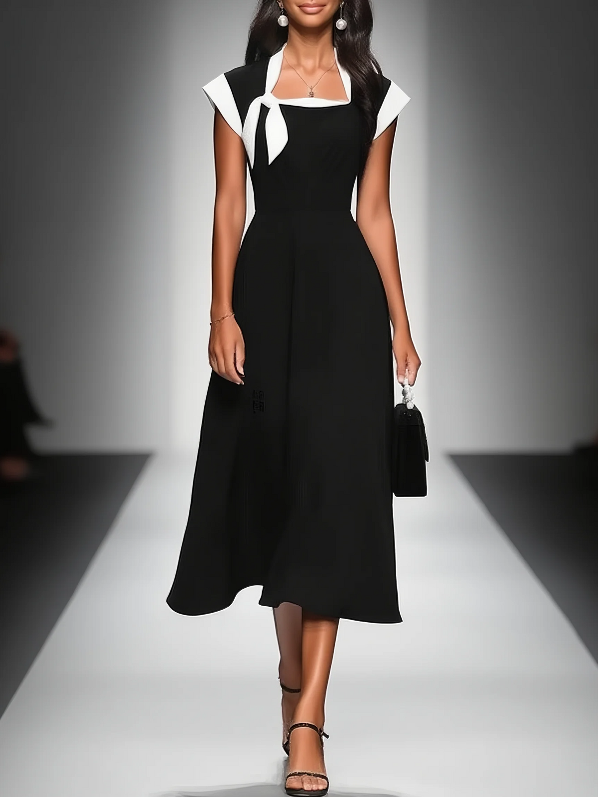 Pía | Vestido Midi Bicolor de Cuello Cuadrado