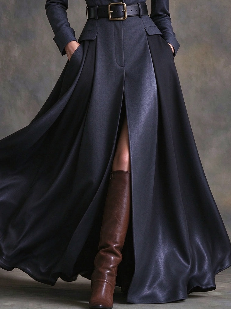 Escolástica | Vestido Largo Azul Marino con Cinturón y Solapas
