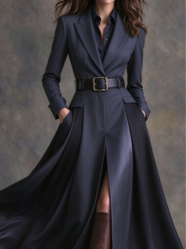Escolástica | Vestido Largo Azul Marino con Cinturón y Solapas