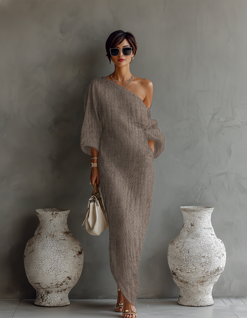 Rosalba | Vestido Marfil con Hombro Descubierto