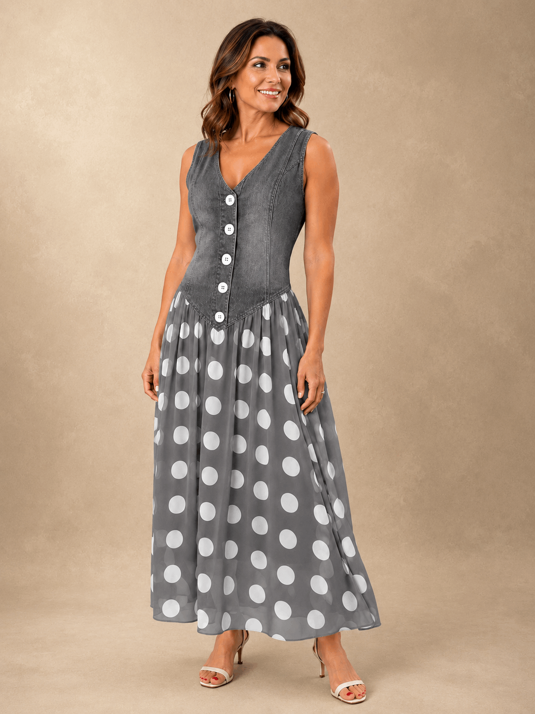 Crisanta | Vestido Midi Vaquero con Falda de Lunares