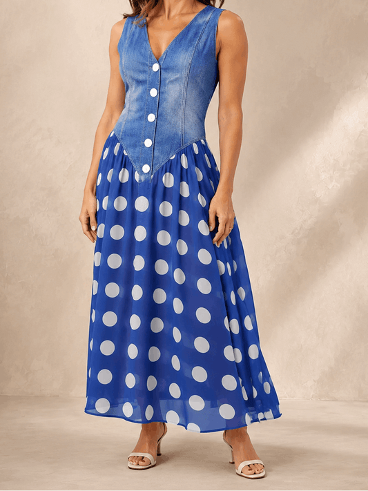 Crisanta | Vestido Midi Vaquero con Falda de Lunares