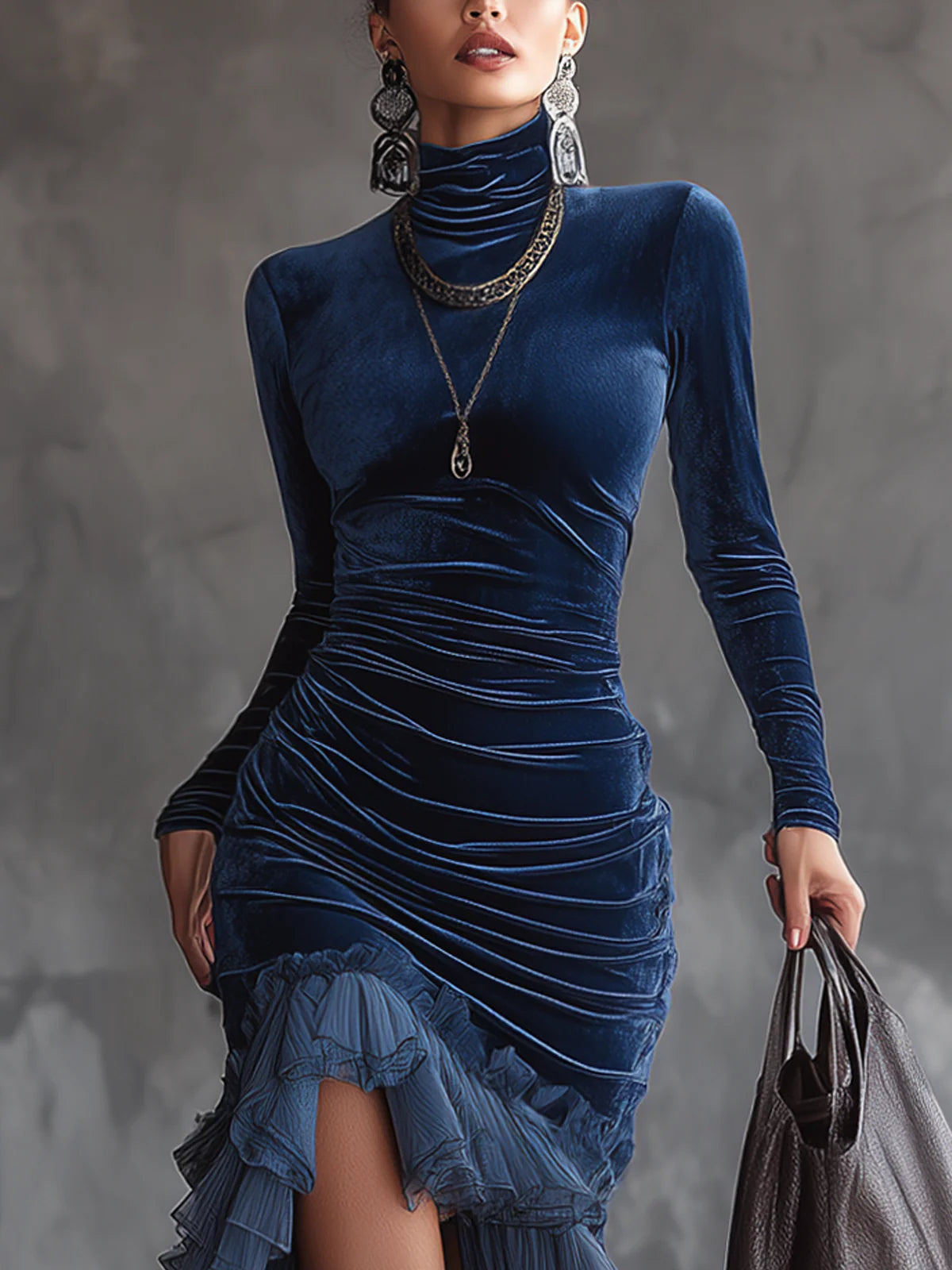 Laudelina | Vestido Largo Plisado con Volantes y Cuello Alto
