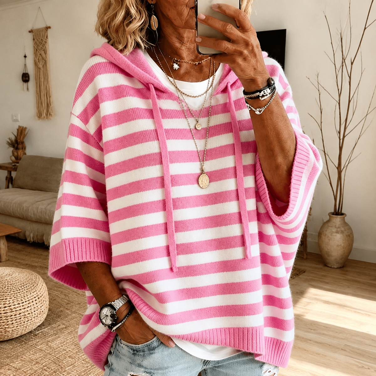Jersey poncho de rayas rosa