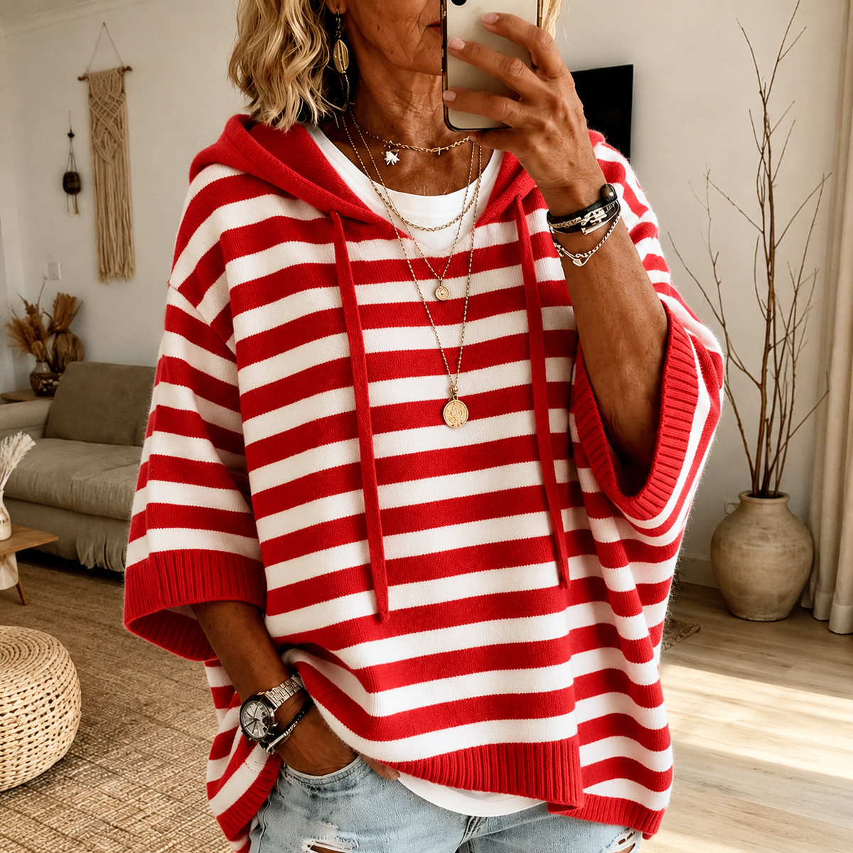 Dionisia | Jersey Poncho de Rayas con Capucha