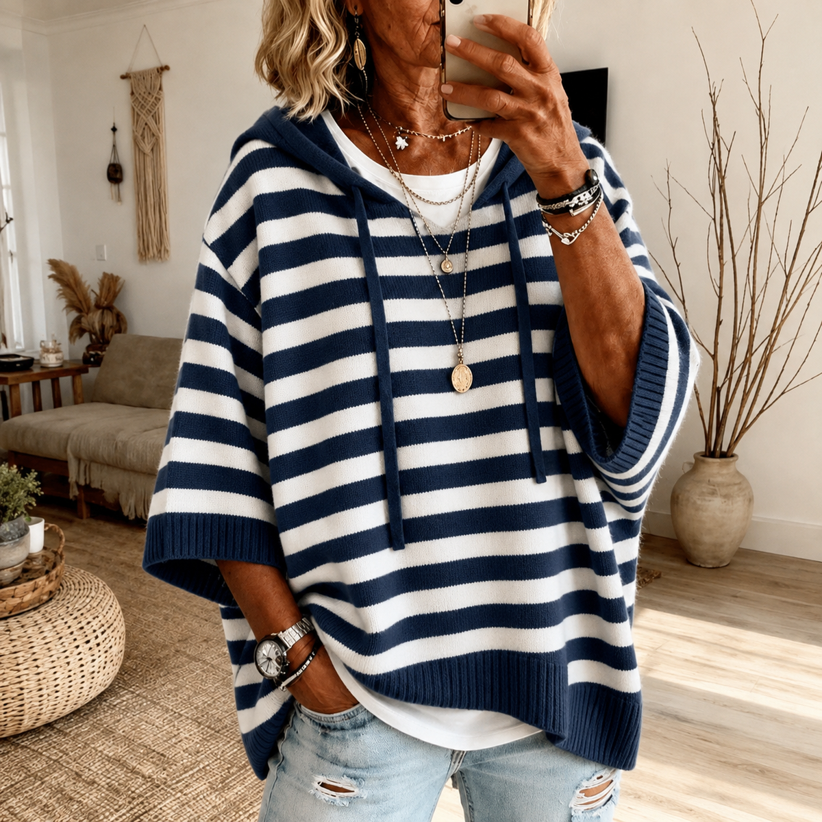 Jersey poncho de rayas azul marino