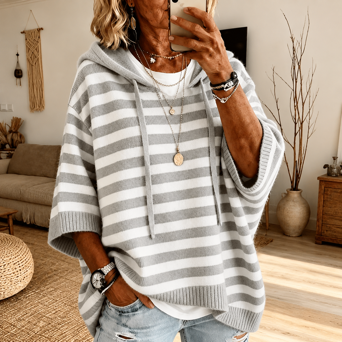 Jersey poncho de rayas gris