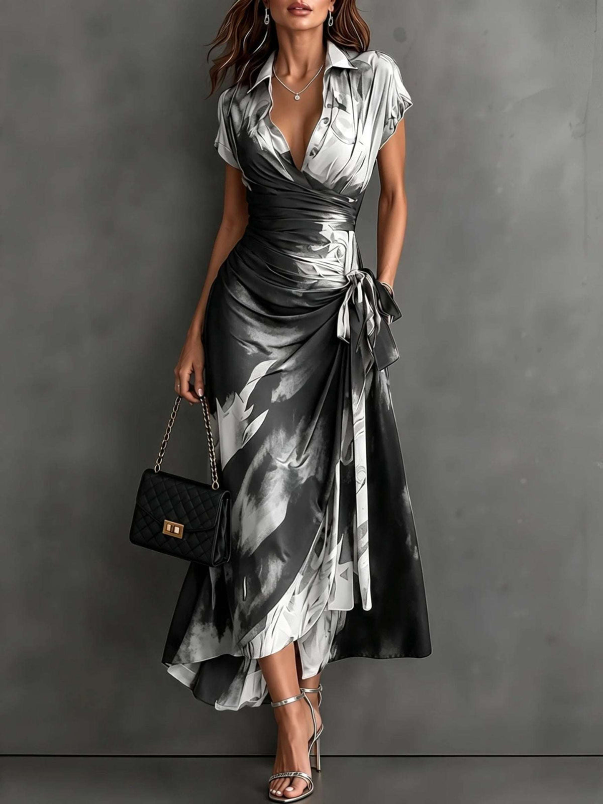Romana | Vestido Cruzado con Lazo y Estampado Abstracto