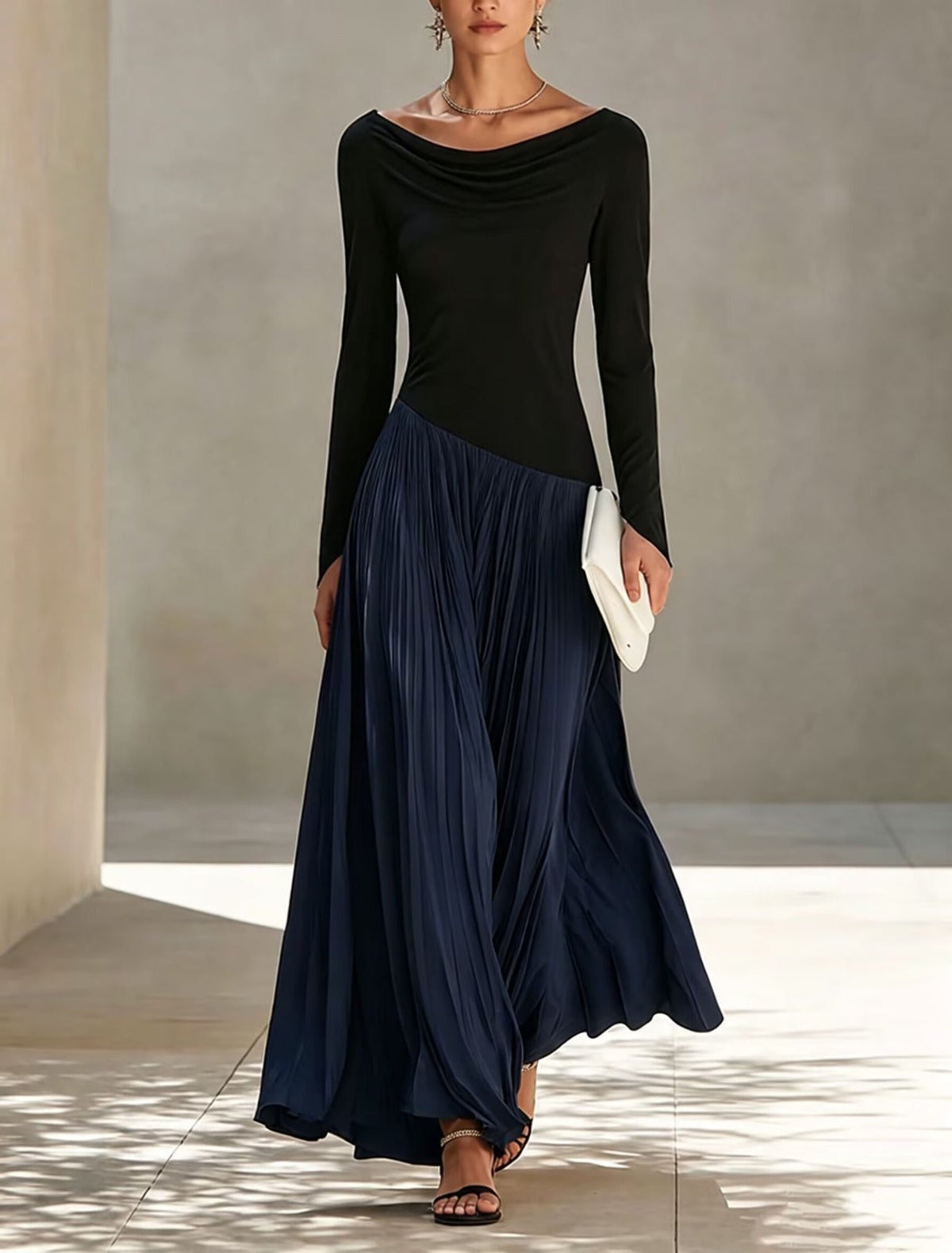 Tránsito | Vestido Largo Drapeado de Punto con Falda Plisada