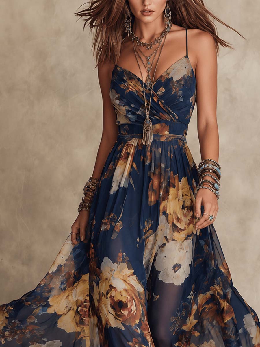 Eusebia | Vestido Largo de Gasa Azul Marino con Flores y Tirantes Finos