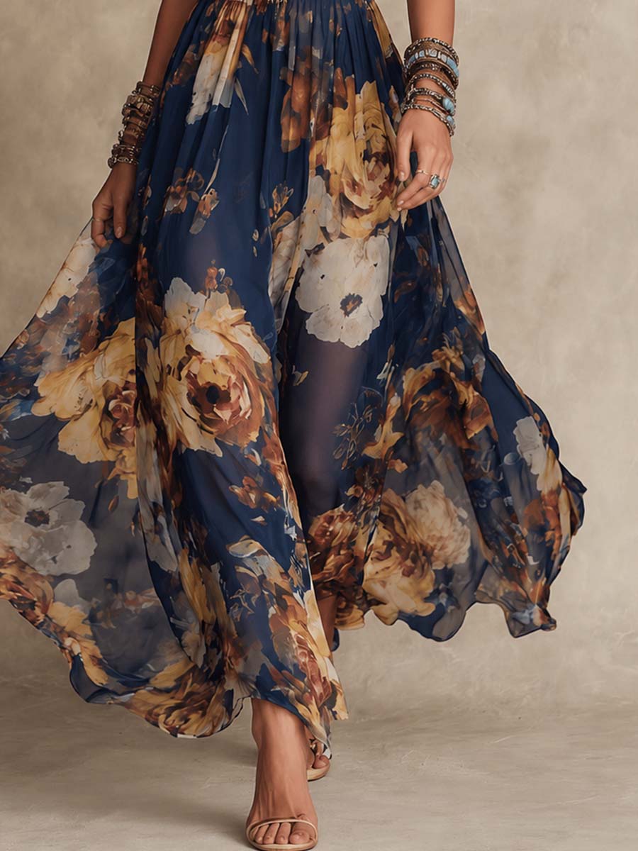 Eusebia | Vestido Largo de Gasa Azul Marino con Flores y Tirantes Finos
