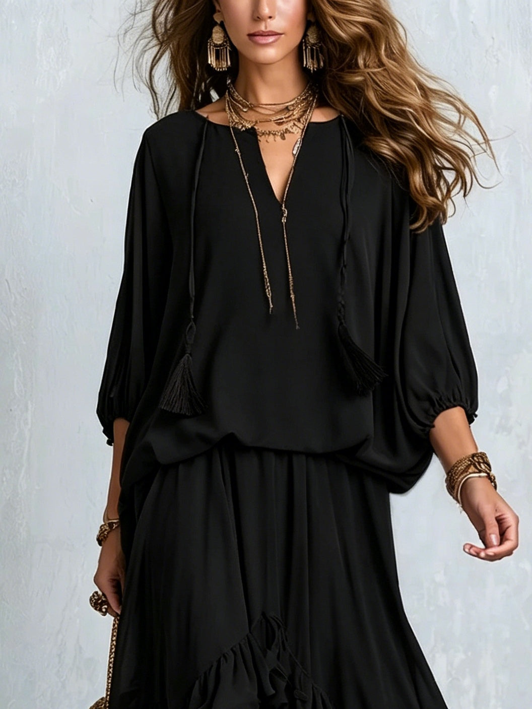 Elvira | Conjunto de Blusa de Gasa y Falda con Volantes