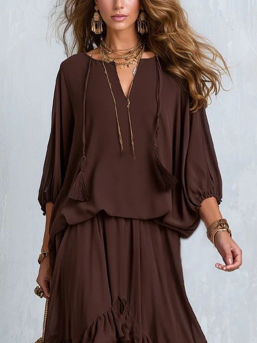Manuela | Conjunto de Blusa de Gasa y Falda con Volantes
