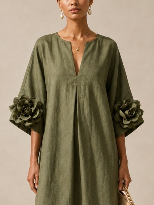 Anunciación | Vestido Midi Verde Oliva con Mangas Florales