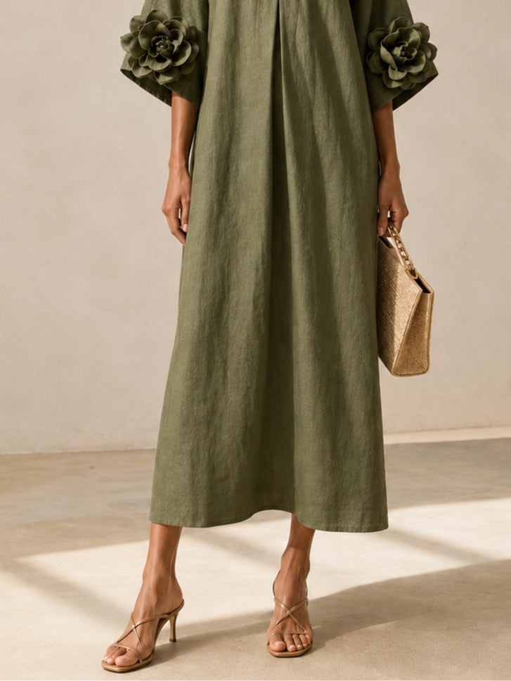 Anunciación | Vestido Midi Verde Oliva con Mangas Florales