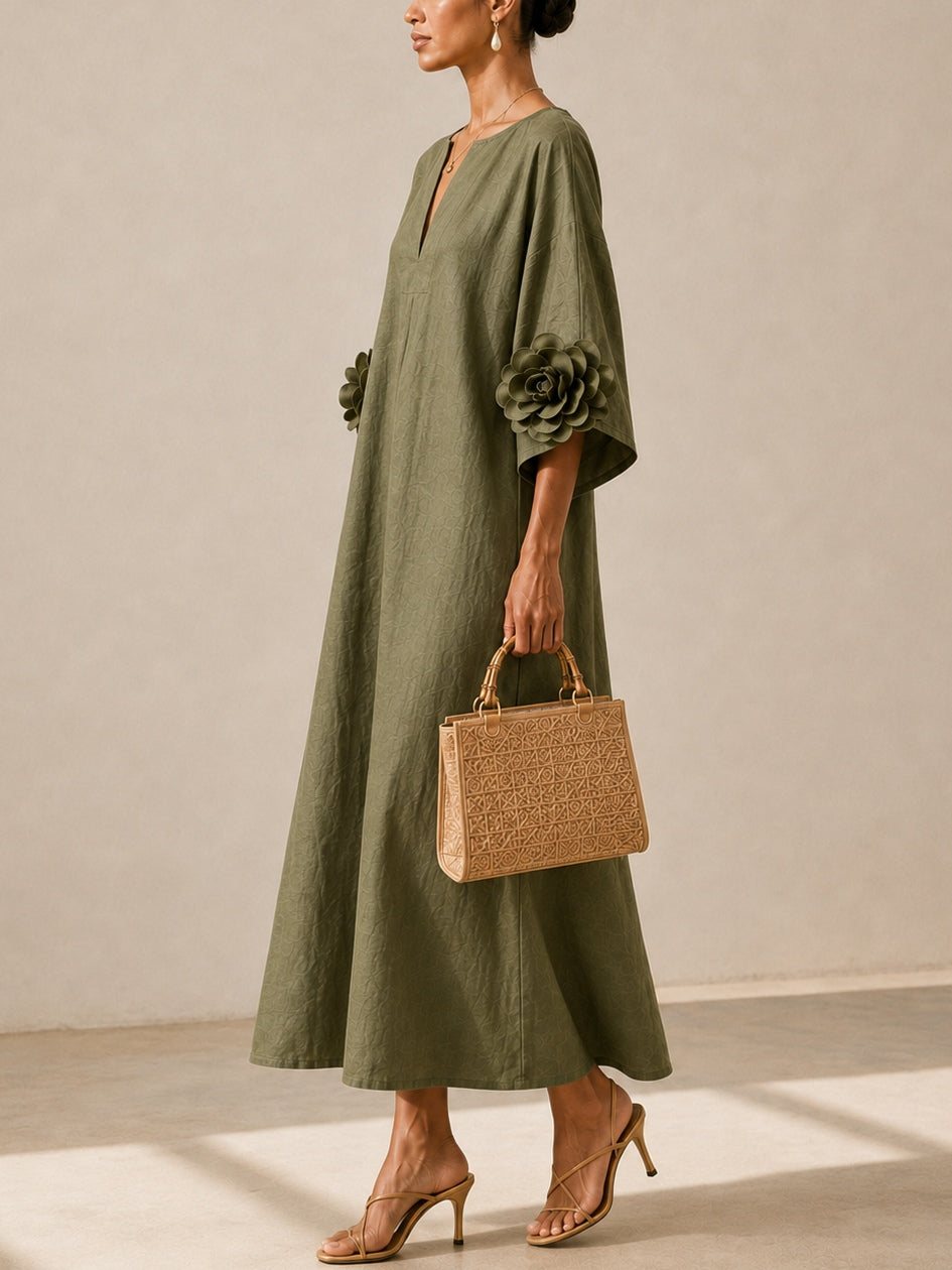 Anunciación | Vestido Midi Verde Oliva con Mangas Florales