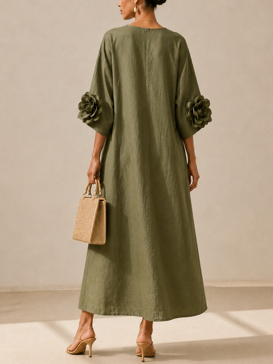 Anunciación | Vestido Midi Verde Oliva con Mangas Florales