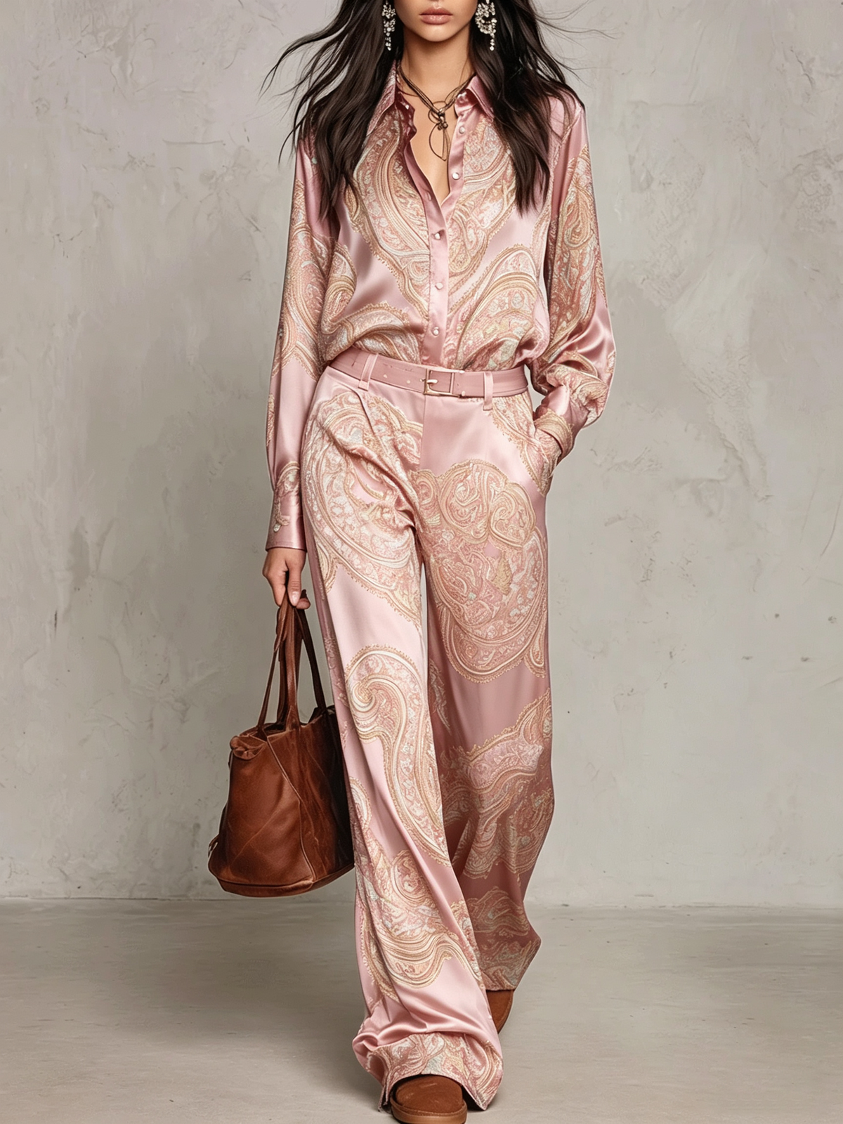Olegaria | Conjunto de Camisa Satinada y Pantalón Ancho de Cachemir