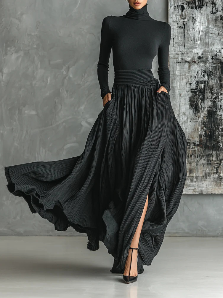 Lutgarda | Conjunto de Top de Cuello Alto y Falda Larga Plisada