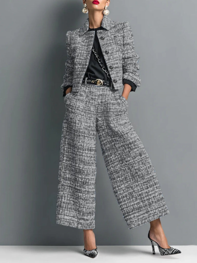 Nicanora | Conjunto de Tweed con Chaqueta Corta y Pantalón Ancho