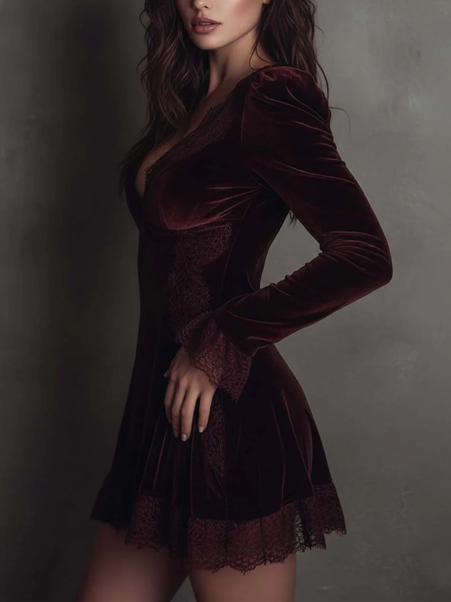 Aldonza | Minivestido de Terciopelo Burdeos con Encaje