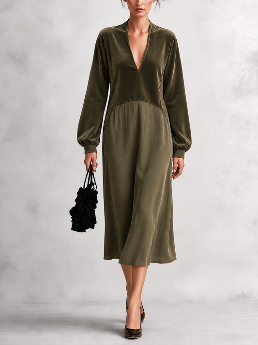 Macaria | Vestido Midi con Escote en V y Mangas Abullonadas