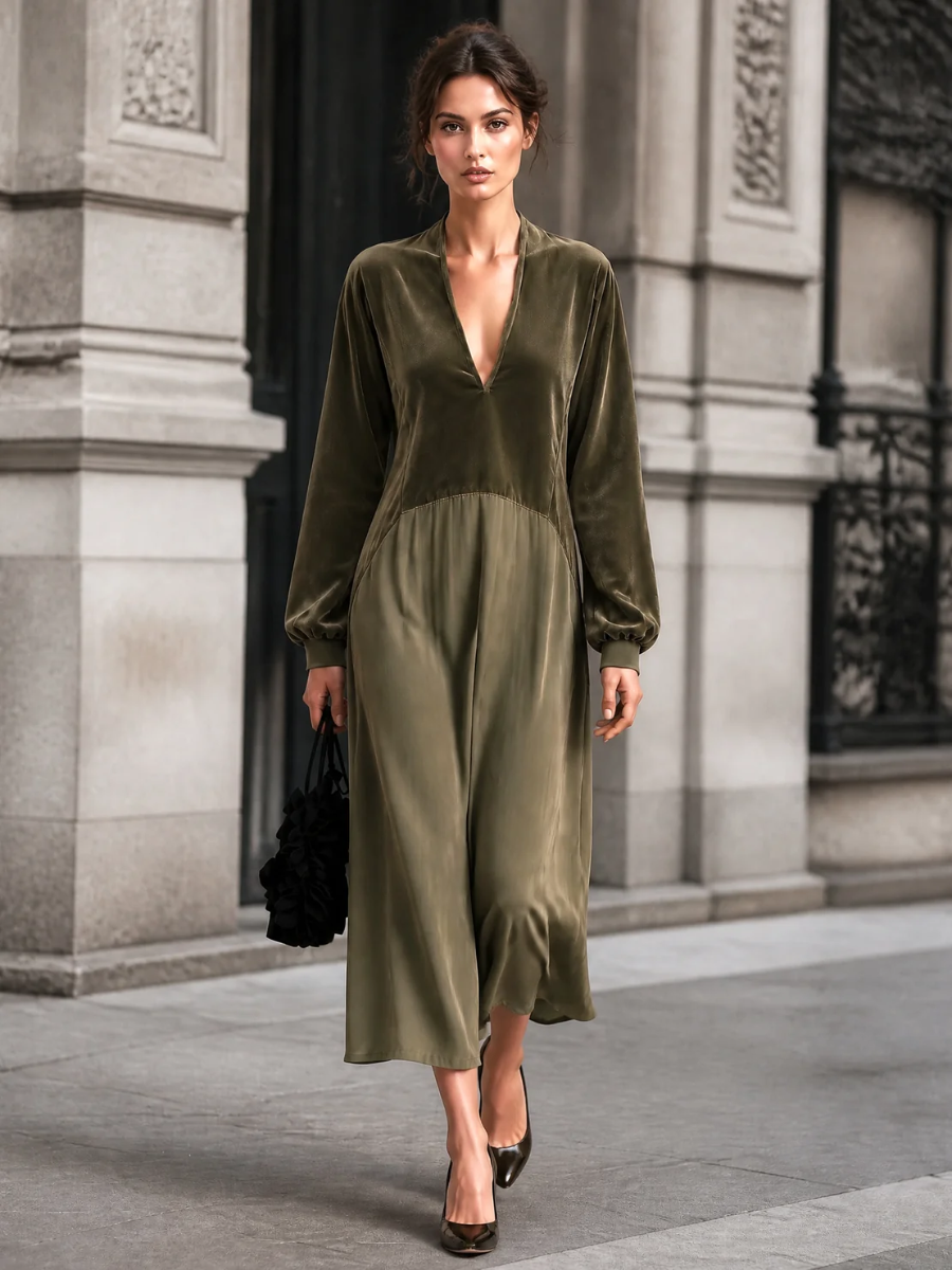 Macaria | Vestido Midi con Escote en V y Mangas Abullonadas