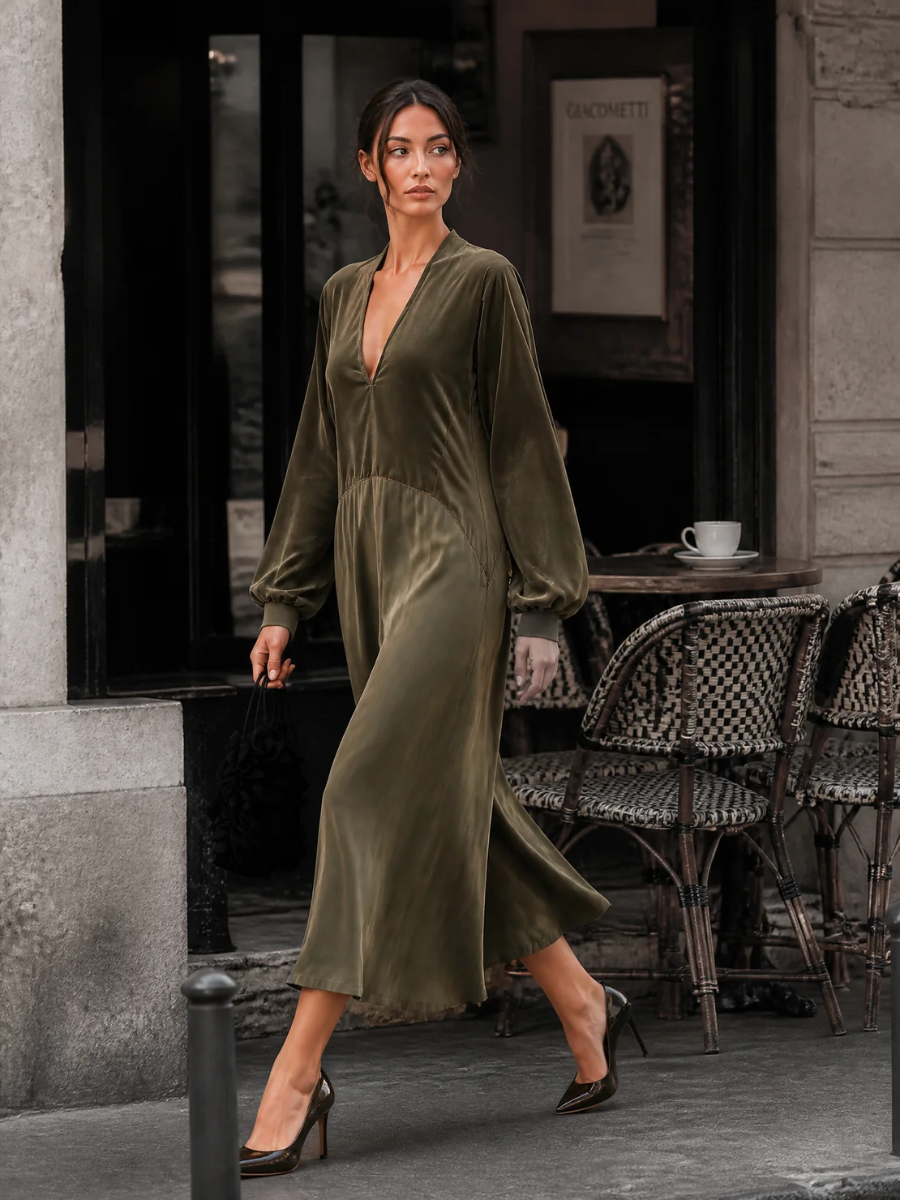 Macaria | Vestido Midi con Escote en V y Mangas Abullonadas