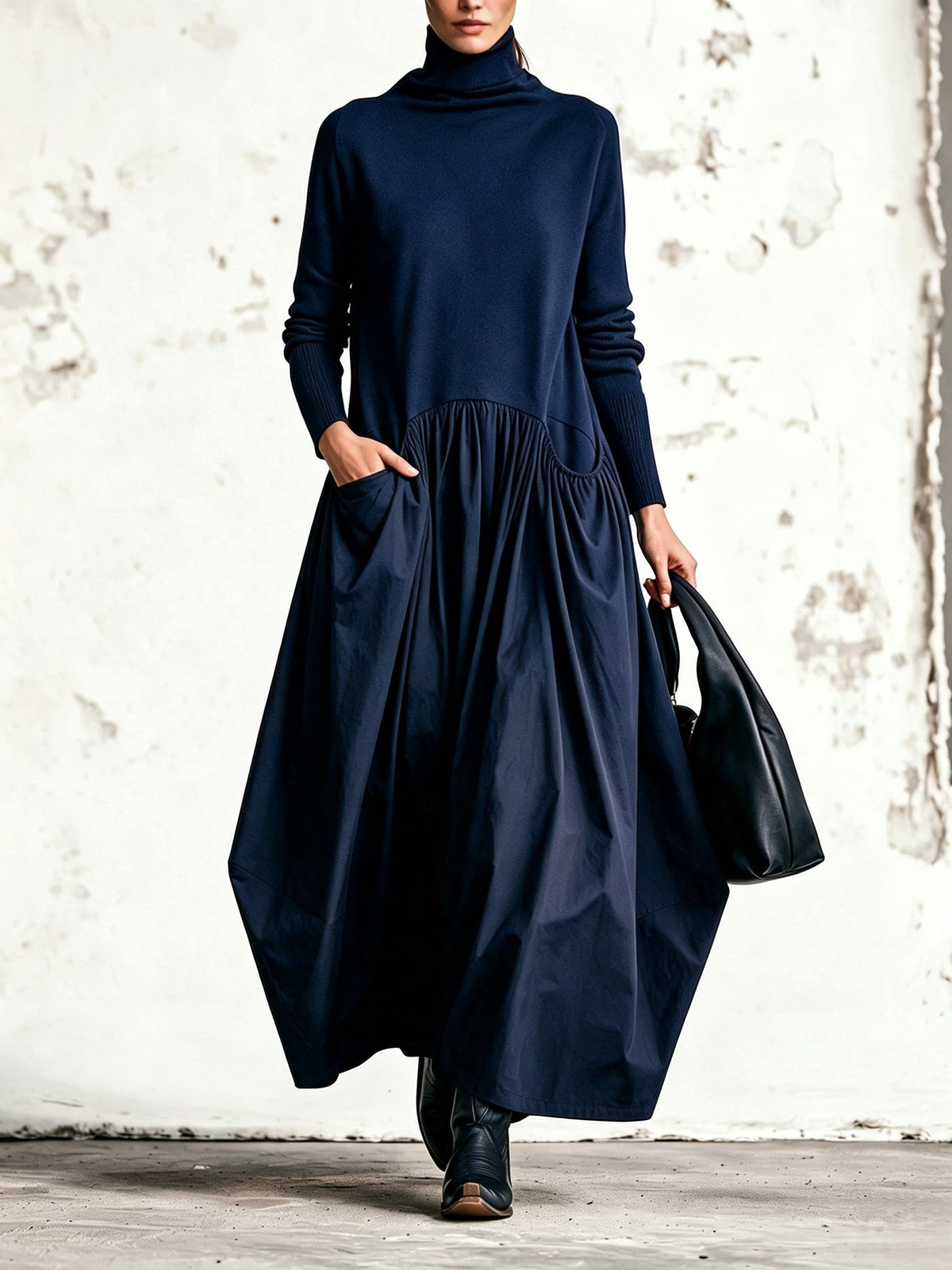 Isaura | Vestido Largo Holgado con Cuello Alto y Bolsillos