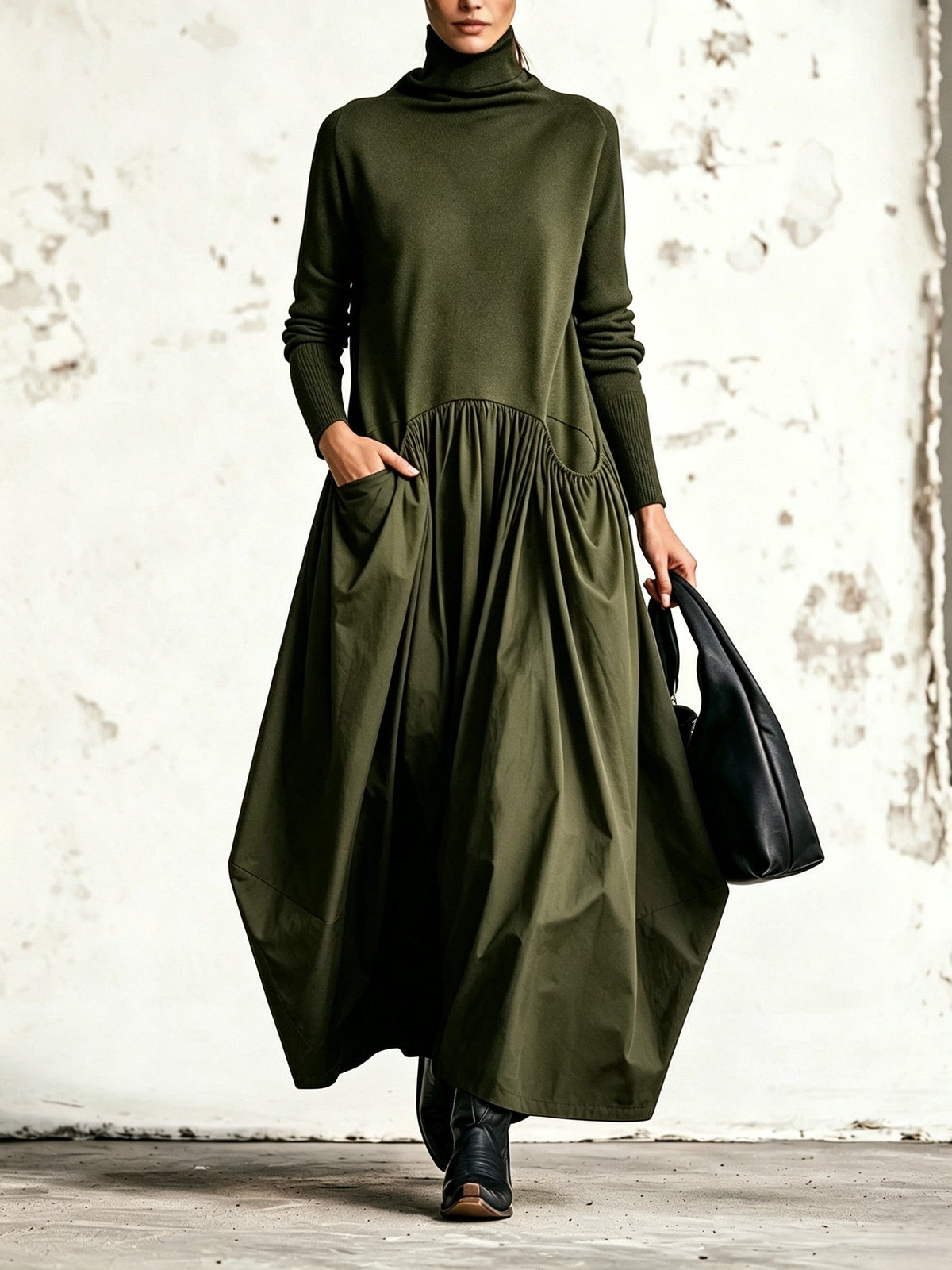 Isaura | Vestido Largo Holgado con Cuello Alto y Bolsillos