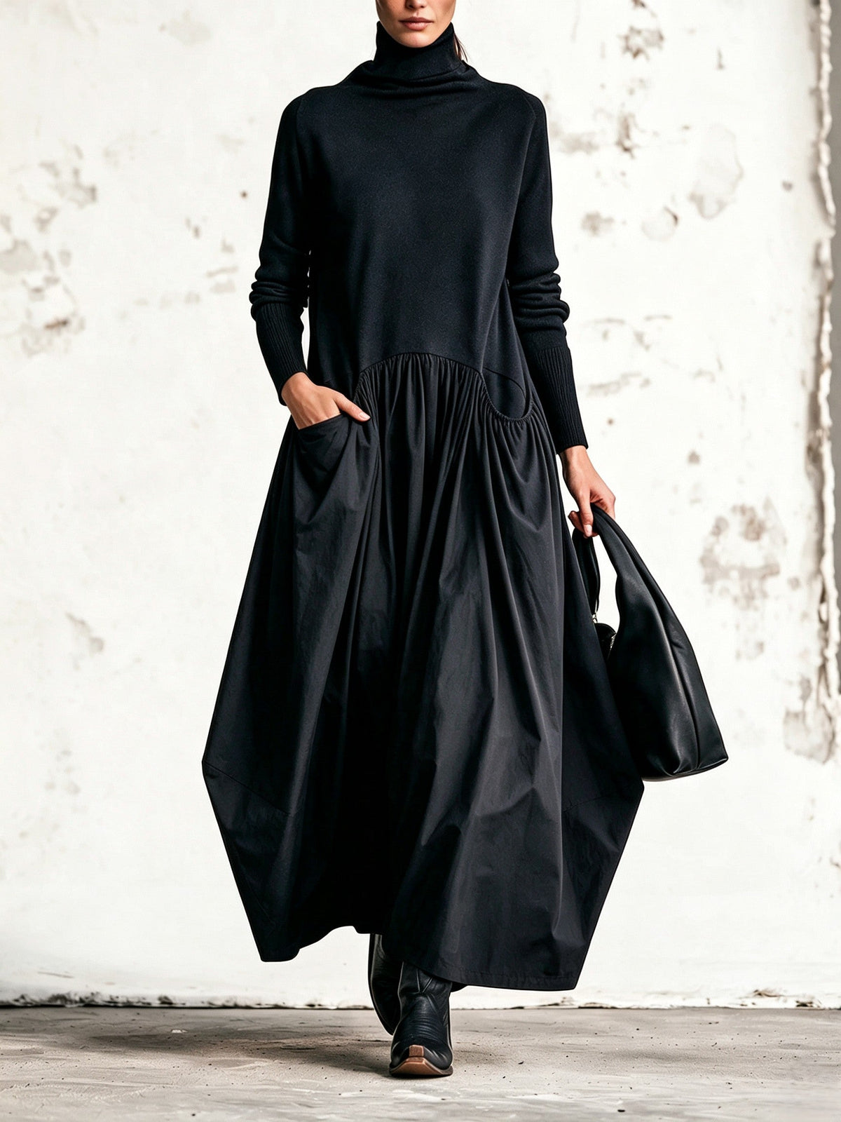 Isaura | Vestido Largo Holgado con Cuello Alto y Bolsillos
