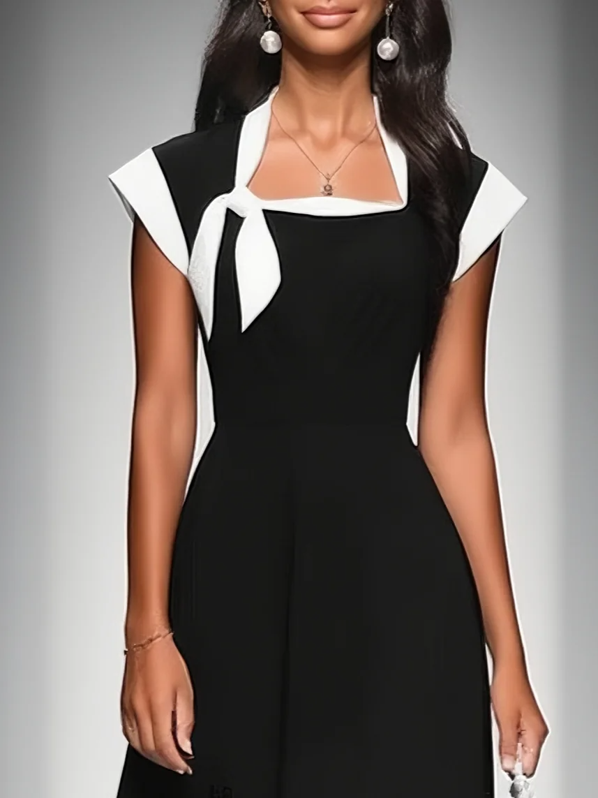 Pía | Vestido Midi Bicolor de Cuello Cuadrado