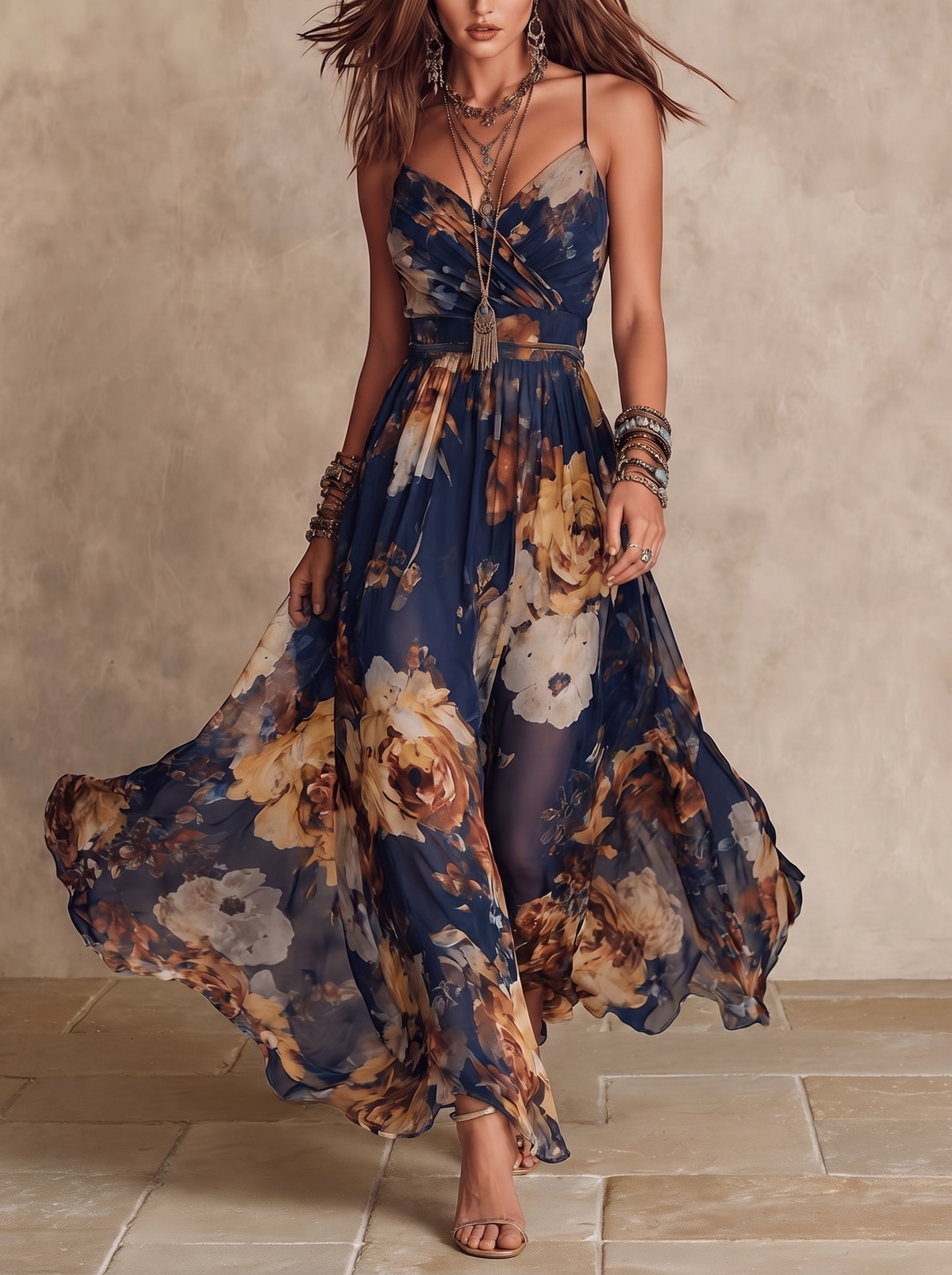 Eusebia | Vestido Largo de Gasa Azul Marino con Flores y Tirantes Finos