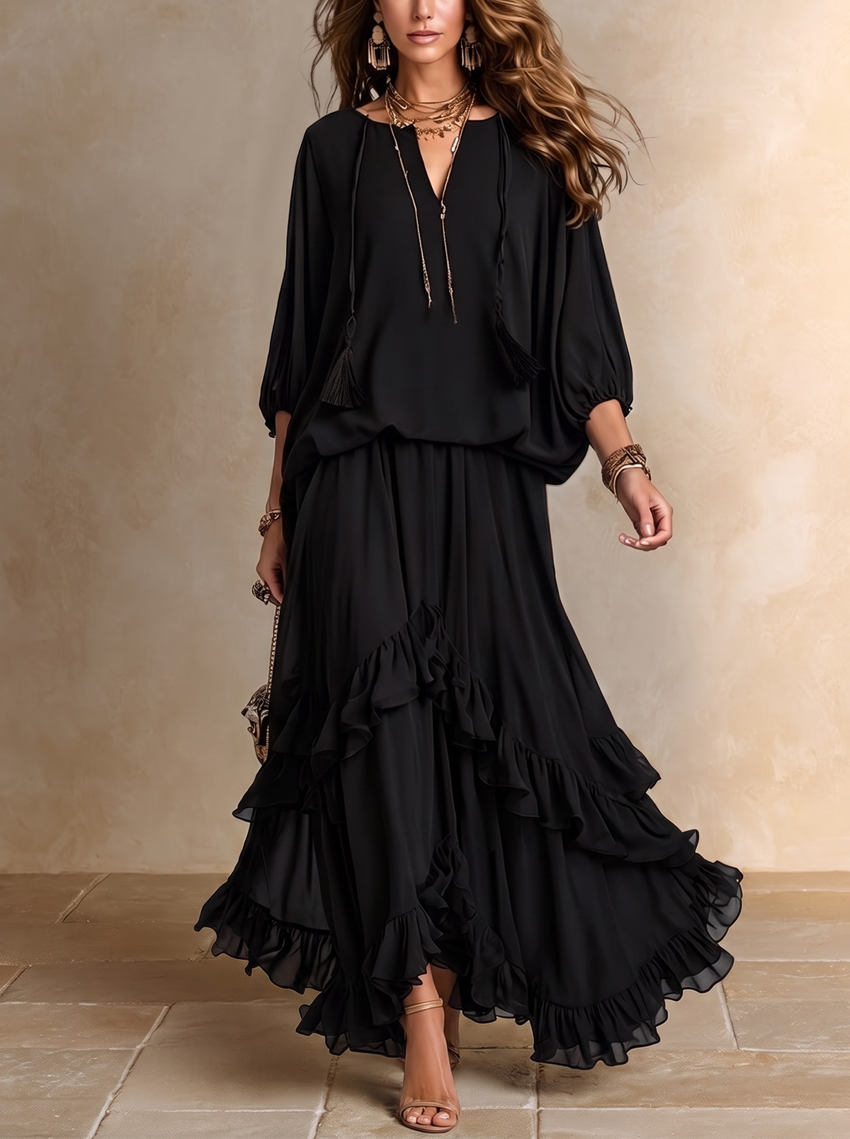 Elvira | Conjunto de Blusa de Gasa y Falda con Volantes