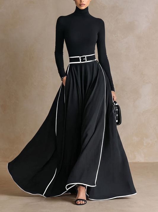 Ascensión | Vestido Largo Negro con Costuras Blancas