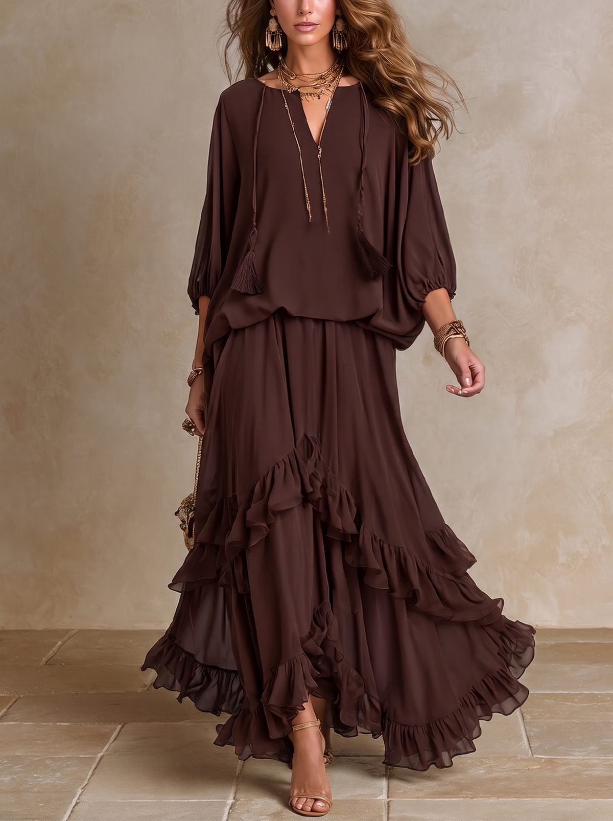 Manuela | Conjunto de Blusa de Gasa y Falda con Volantes