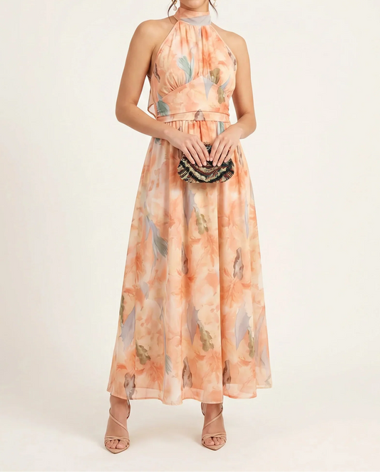 Benigna | Vestido Largo con Escote Anudado y Estampado Artístico