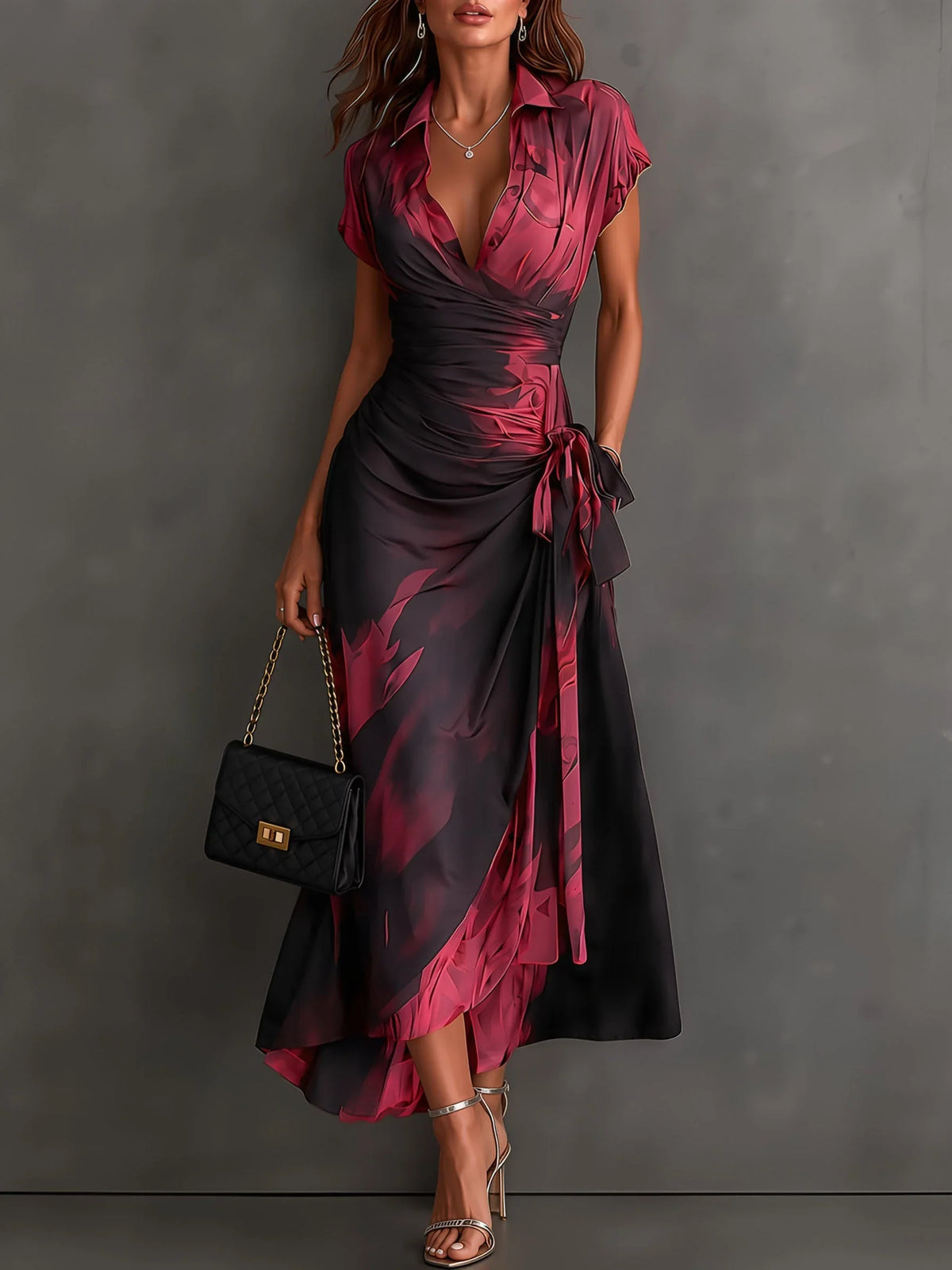 Romana | Vestido Cruzado con Lazo y Estampado Abstracto