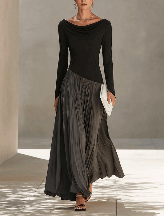 Tránsito | Vestido Largo Drapeado de Punto con Falda Plisada
