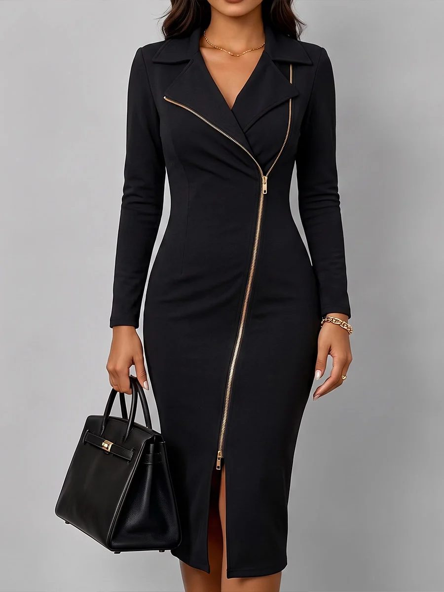 Lázara | Vestido con Cuello de Solapas y Cremallera Dorada
