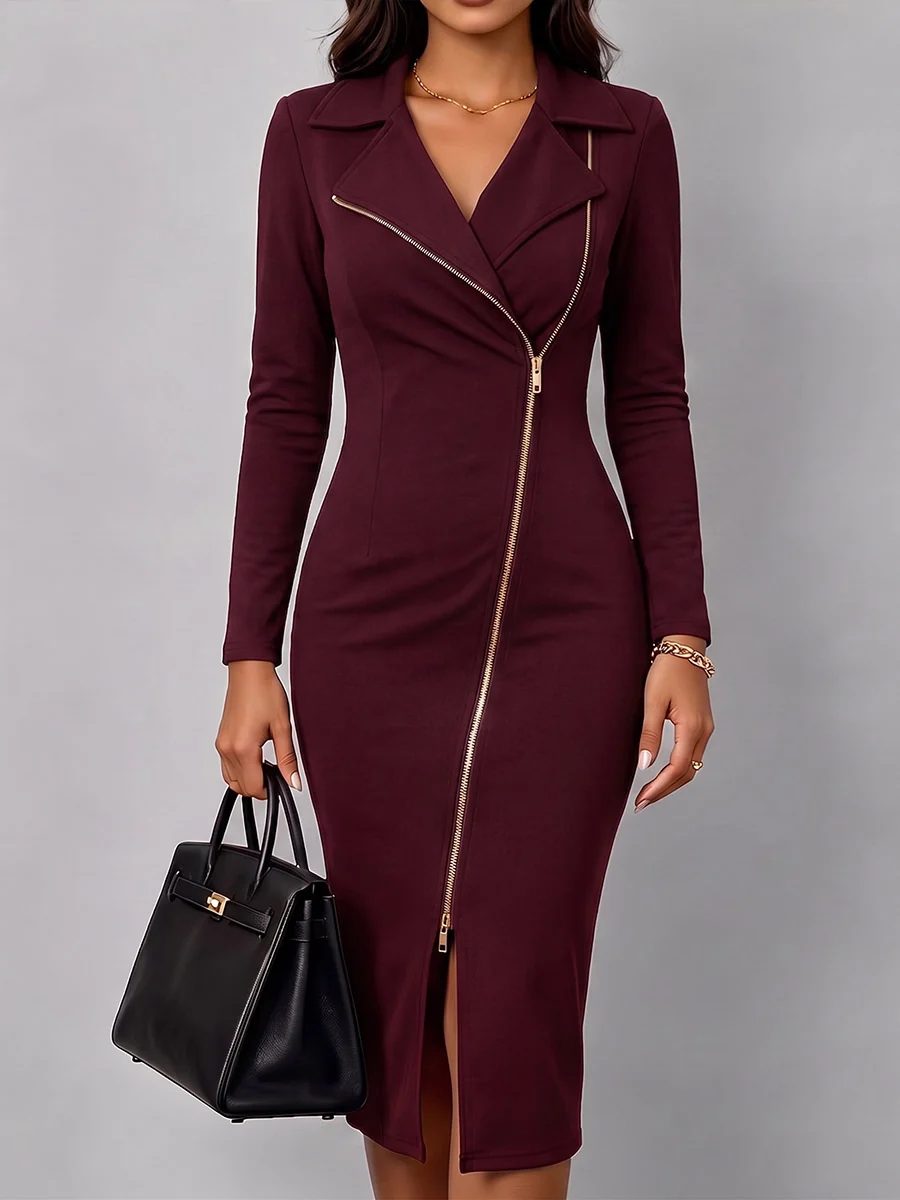 Lázara | Vestido con Cuello de Solapas y Cremallera Dorada